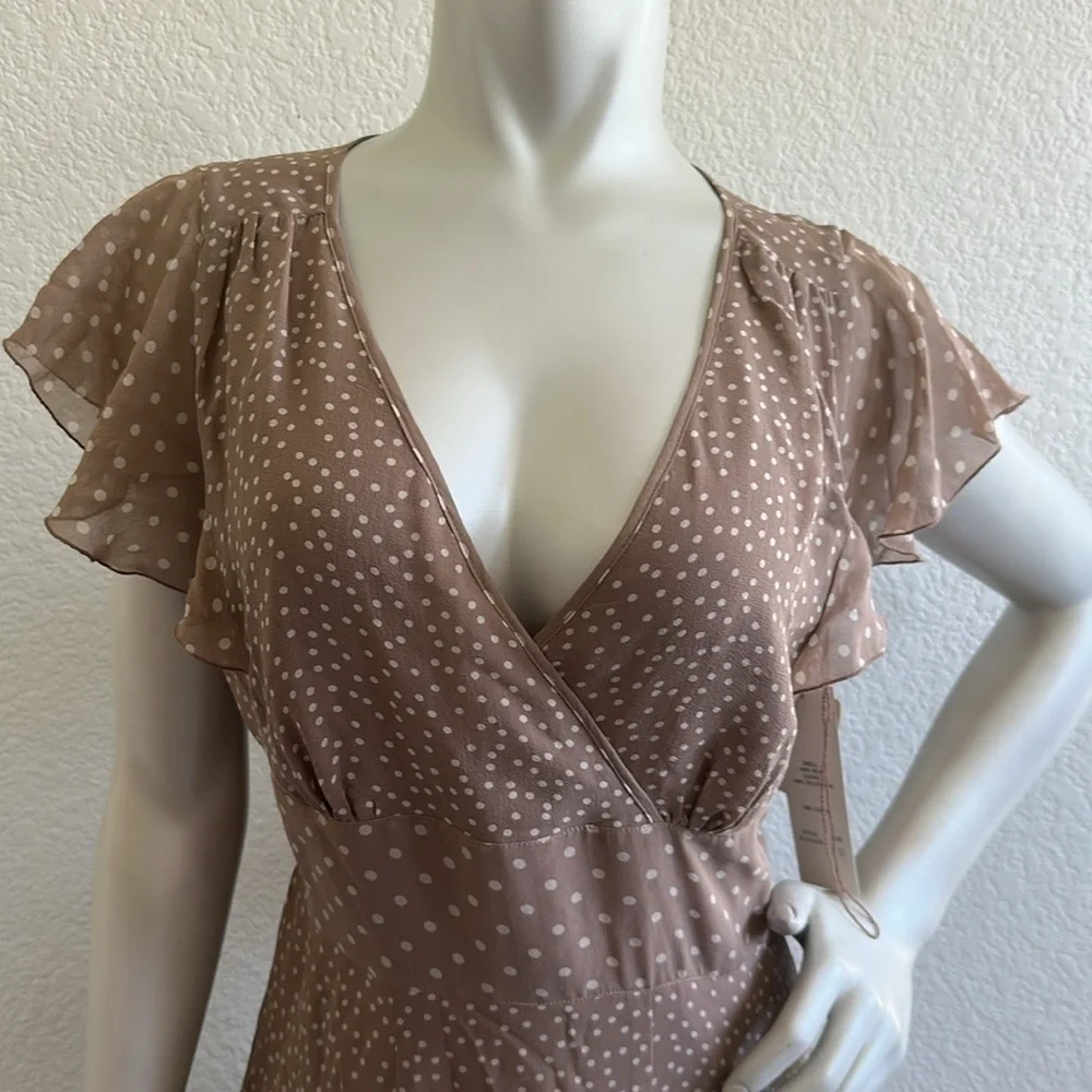 NWT Adrianna Papell Taupe Polka Dot Silk Dress - Picture 4 of 9